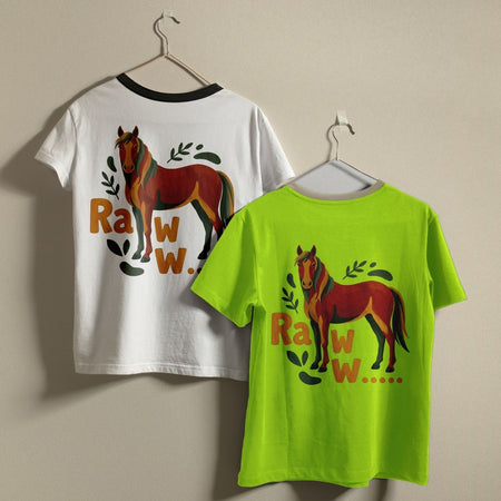 A white ringer t-shirt with a black collar and a vibrant lime green t-shirt hanging on a wall, displaying the custom horse graphic.