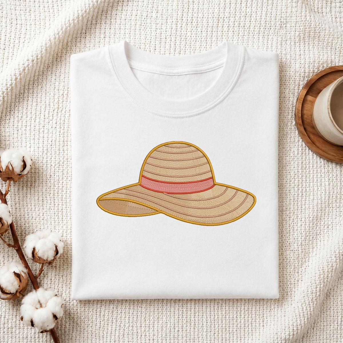 A folded white T-shirt laid flat on a textured cream fabric background, featuring an embroidered straw hat design with a pink band. Cotton bolls and part of a wooden cup are styled around the shirt as props.