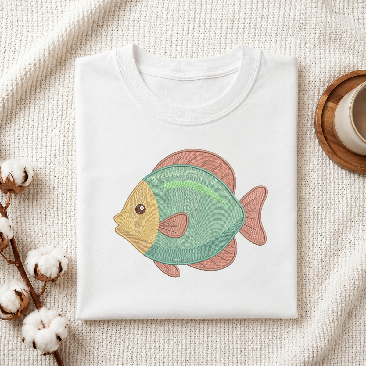 A folded white crewneck t-shirt featuring a cute cartoon fish graphic, styled on a textured cream knit blanket with cotton bolls and a wooden cup in the background.