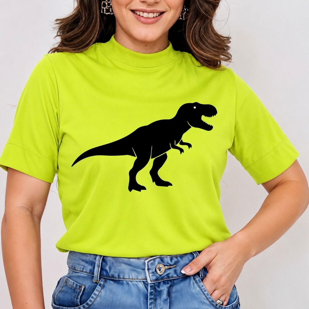 Neon green t-shirt mockup worn by a model showing a black Tyrannosaurus Rex silhouette design.