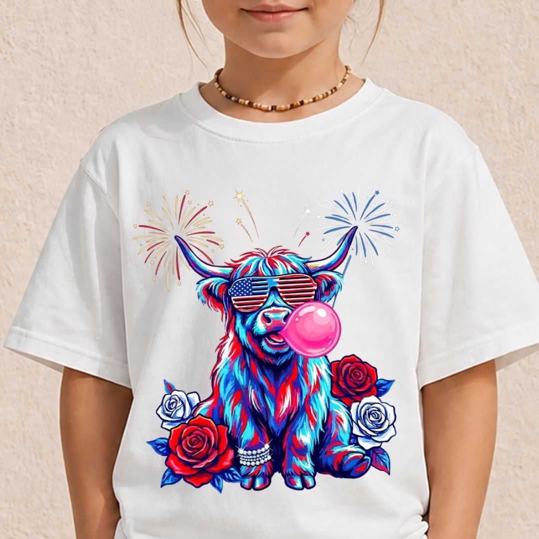 Cute Kids 4th of July Cow SVG, Youth Patriotic Animal T-Shirt Design, Toddler Fireworks PNG