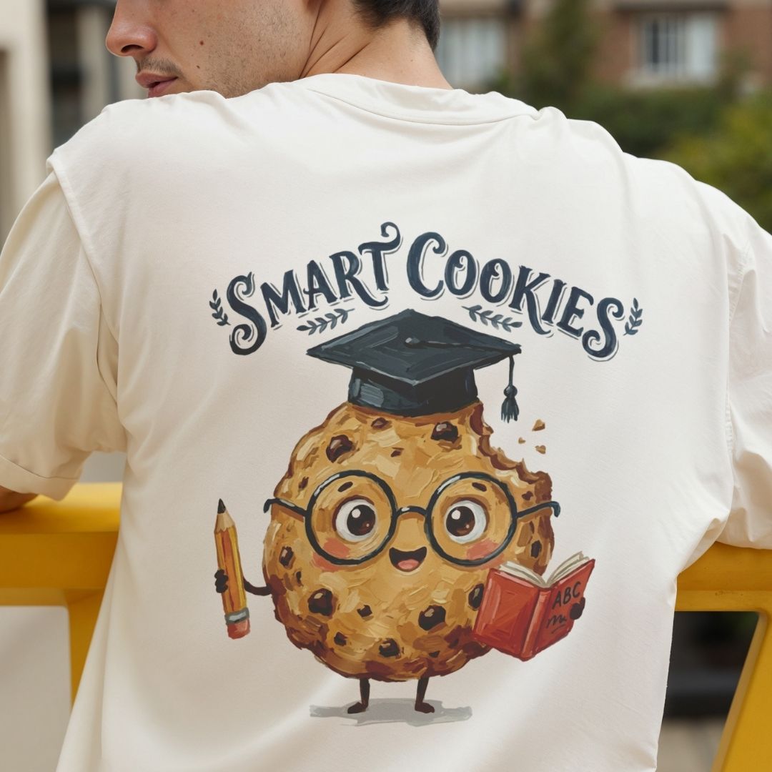 Smart Cookies Back Print Shirt, Cream Off-White Men's Tee, Graduation Cap Cookie Graphic Design, Last Day of School Streetwear Top