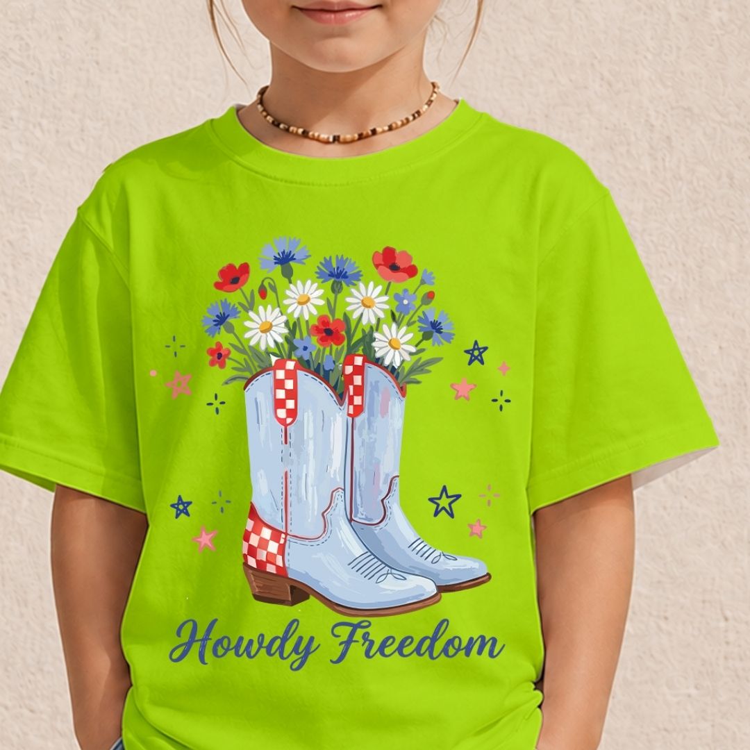 Kids Howdy Freedom PNG | Neon Green Children's Western Shirt Design