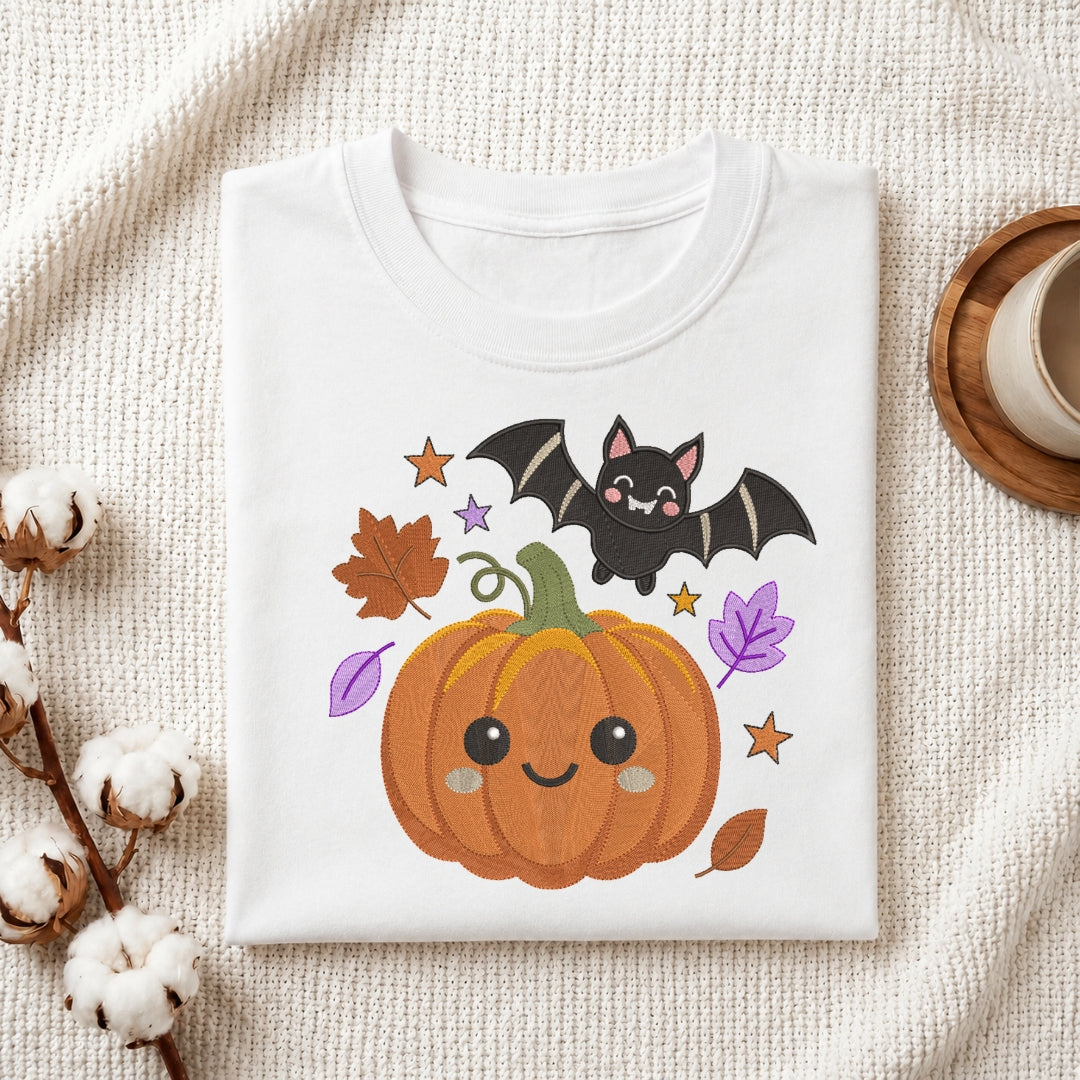 A folded white t-shirt with a cute Halloween graphic featuring a smiling orange pumpkin, a black bat, and autumn leaves and stars, styled on a textured cream fabric with cotton stems and a cup in the background.