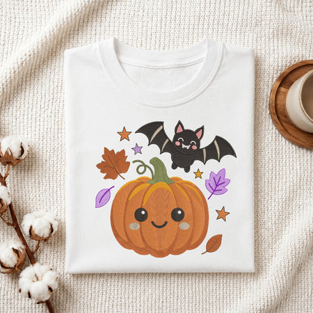 A folded white t-shirt with a cute Halloween graphic featuring a smiling orange pumpkin, a black bat, and autumn leaves and stars, styled on a textured cream fabric with cotton stems and a cup in the background.
