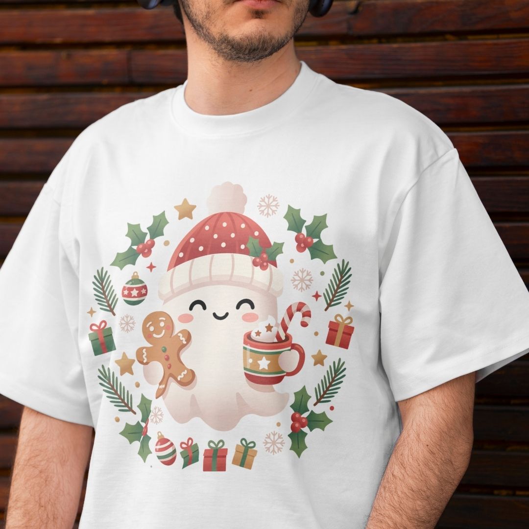 A man wearing a white crewneck t-shirt with a festive Christmas ghost graphic. The graphic features a cute smiling ghost wearing a red and white knit hat, holding a mug with a star, surrounded by a wreath of holly, pine branches, candy canes, gingerbread cookies, and wrapped gifts.