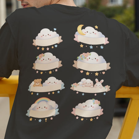 Back view of a person wearing a dark grey t-shirt showcasing the cute kawaii cloud and banner designs.