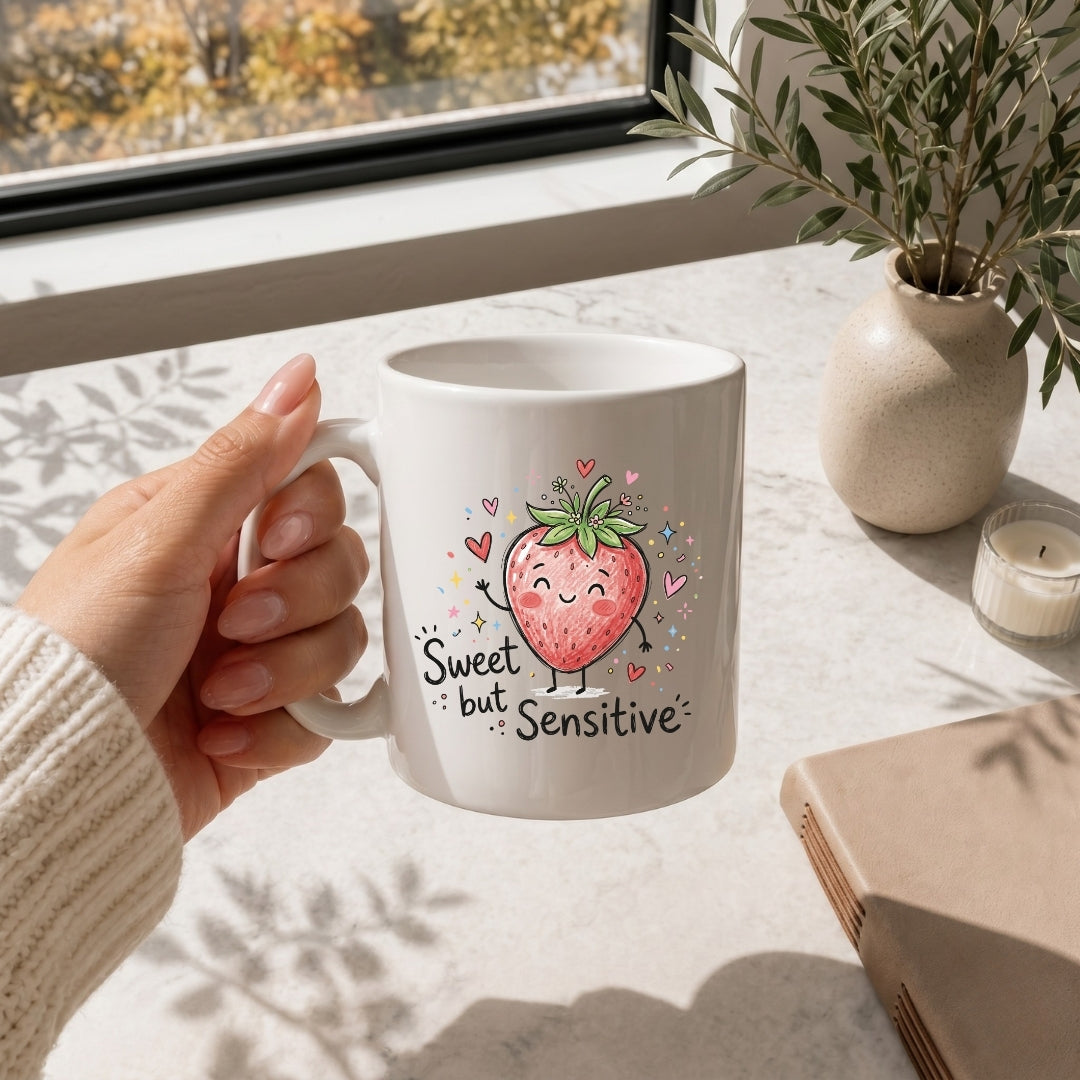 White Ceramic Coffee Mug with Strawberry Design Mockup