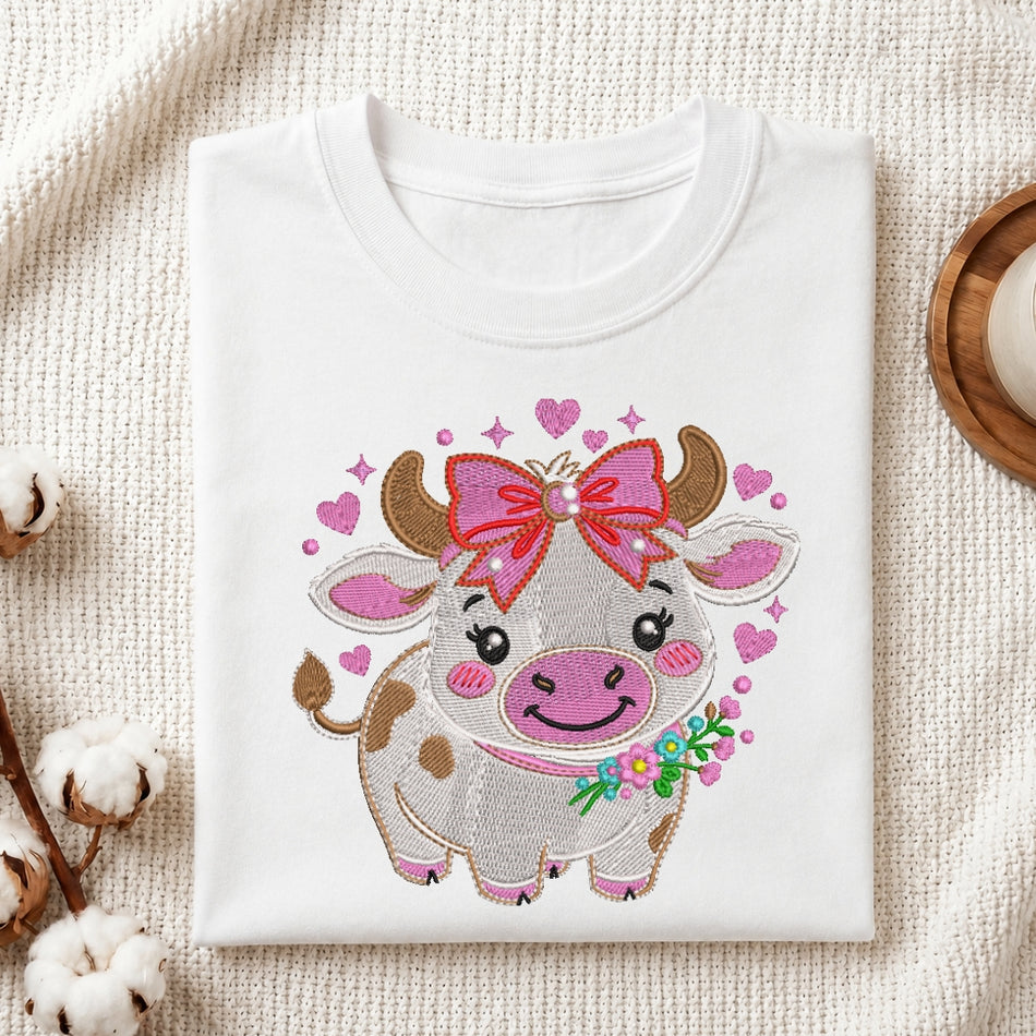 Cute Baby Cow with Pink Bow Machine Embroidery Design ED 50