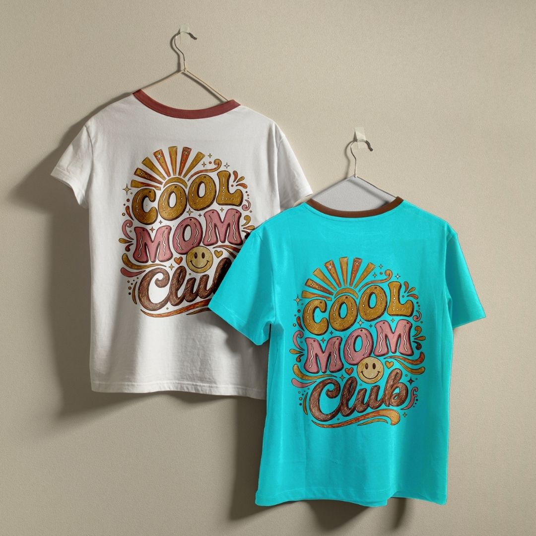 Retro Groovy Ringer Tees Mockup, White and Teal Cool Mom Club Shirts, Vintage Smiley Face Graphic Tops, Matching Best Friends Apparel