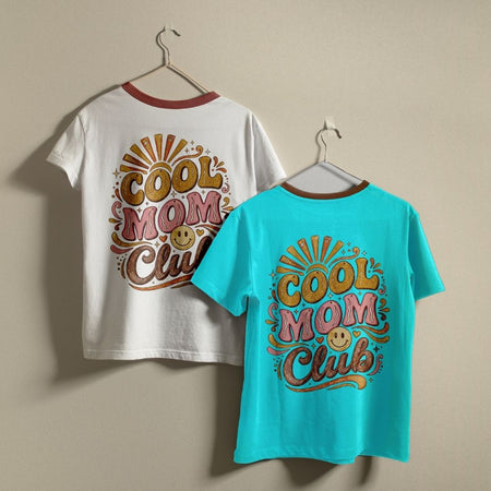 Retro Groovy Ringer Tees Mockup, White and Teal Cool Mom Club Shirts, Vintage Smiley Face Graphic Tops, Matching Best Friends Apparel