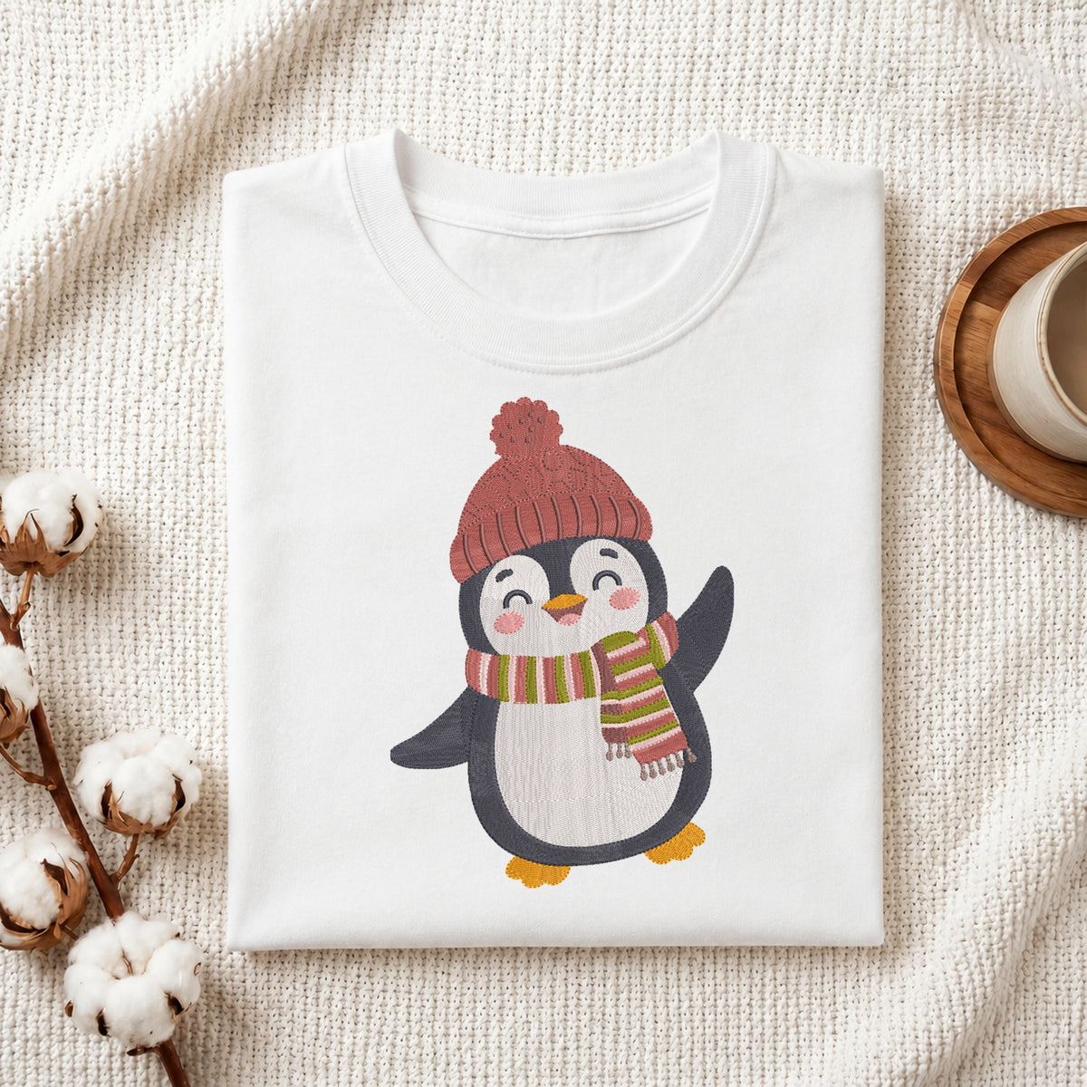 A folded white crewneck t-shirt featuring a cute cartoon penguin wearing a red knit hat and a red, green, and white striped scarf. The t-shirt is styled in a cozy flat-lay setting on a textured cream knit blanket, with cotton bolls on the left and a wooden cup on the right.