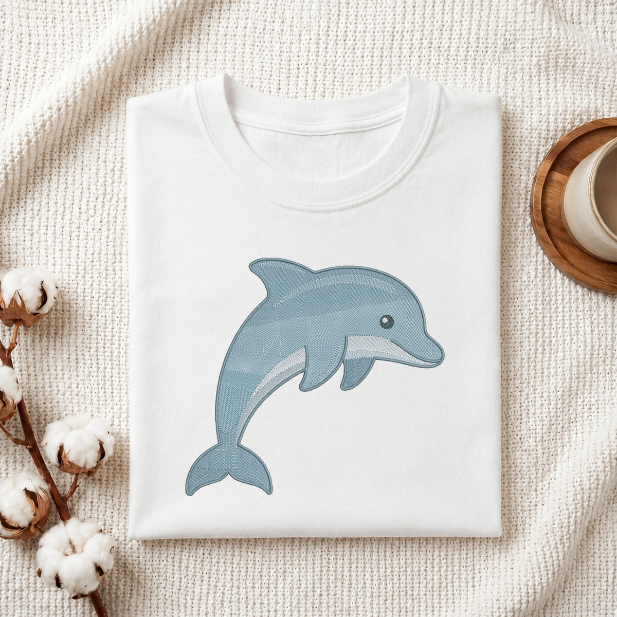 A folded white crewneck t-shirt featuring a light blue cartoon dolphin graphic on the front, styled on a textured cream fabric background with cotton bolls and a wooden cup.