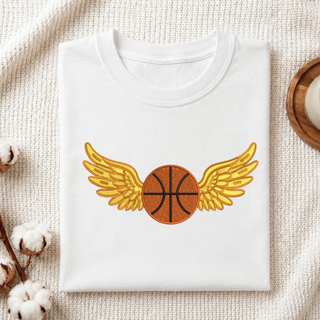 White sweatshirt with a basketball and wings design on a textured surface.