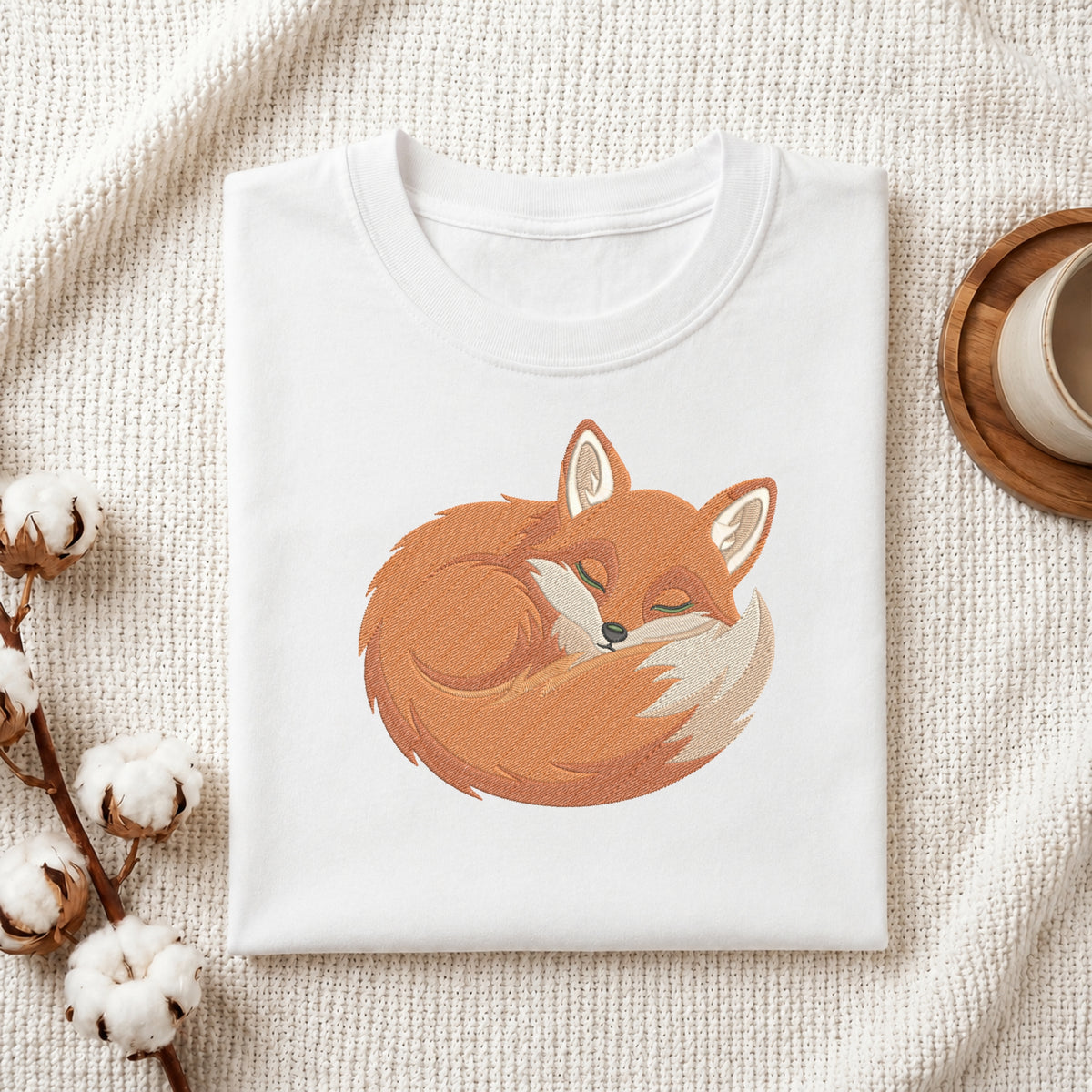 A folded white crewneck t-shirt featuring a cute cartoon illustration of a sleeping orange fox, styled on a textured cream knit blanket with cotton bolls and a wooden cup in the background.