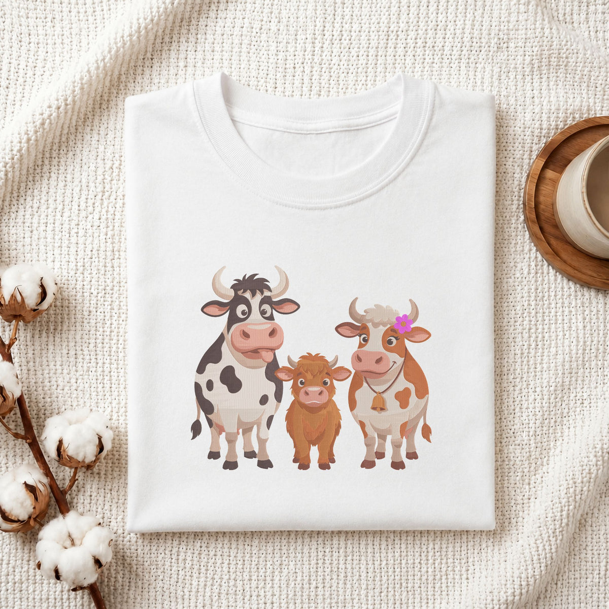 Folded white cotton t-shirt mockup featuring a cute cow family machine embroidery design, styled with cotton stems and a wooden cup