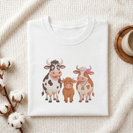 Folded white cotton t-shirt mockup featuring a cute cow family machine embroidery design, styled with cotton stems and a wooden cup
