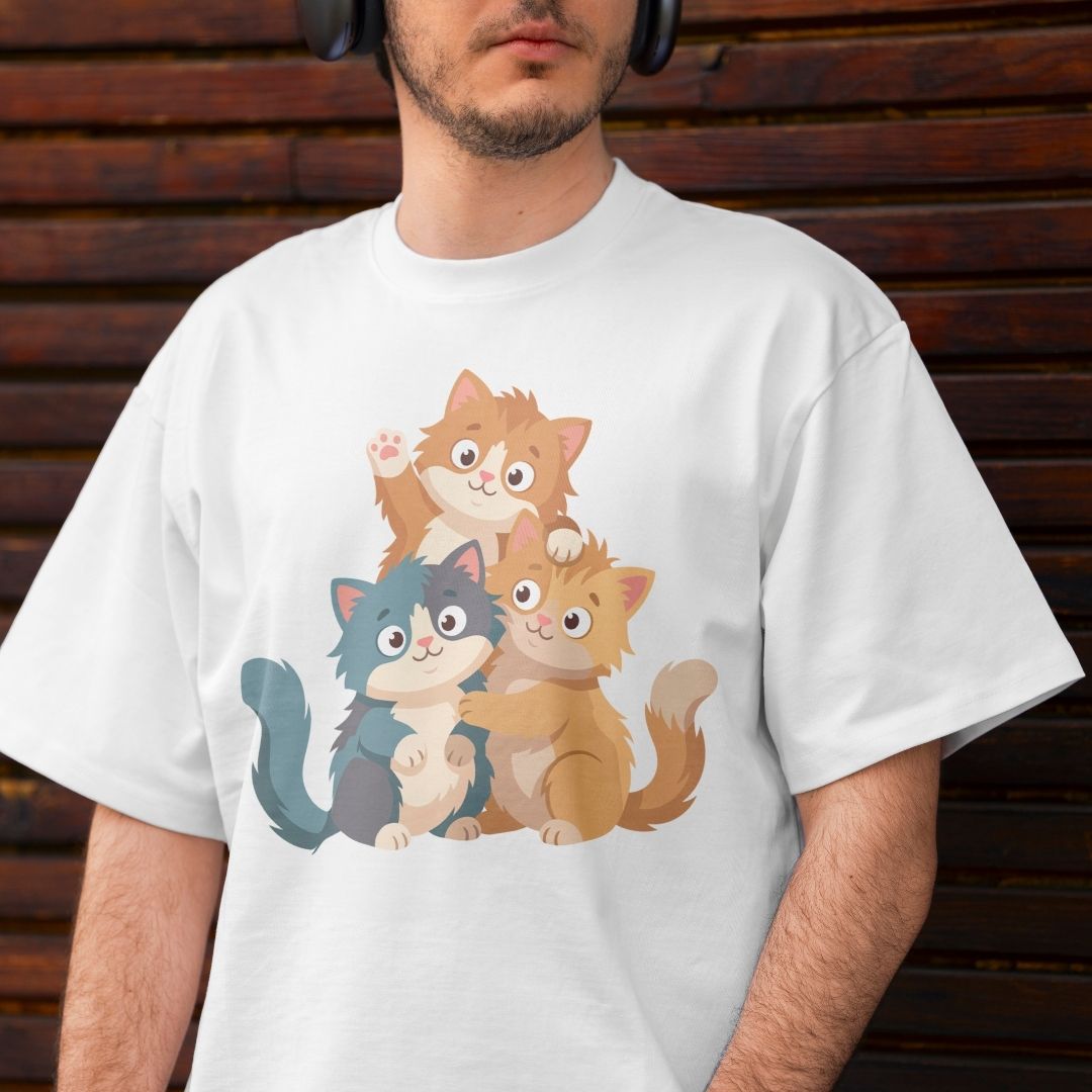 Back view of a person wearing a white t-shirt showcasing a vibrant cute cartoon cats sublimation print.