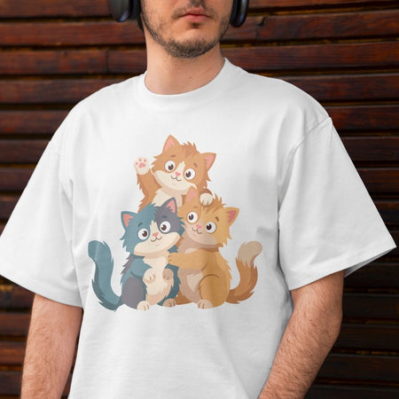 Back view of a person wearing a white t-shirt showcasing a vibrant cute cartoon cats sublimation print.