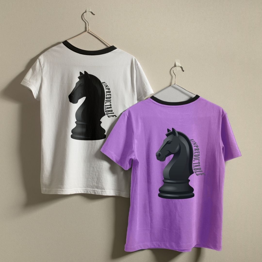 Retro Chess Ringer Tee, White and Pastel Purple Chess Graphic Shirts, Matching Strategy Board Game Outfits, Unpredictable Knight Design Apparel