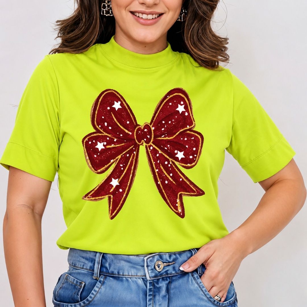 Front view mockup of a woman wearing a bright lime green t-shirt printed with a deep red bow accented with white stars and gold outlines.