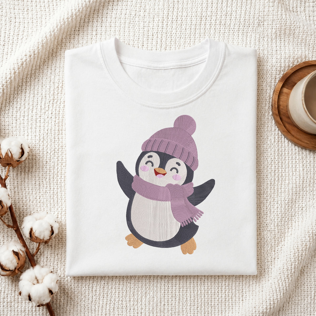 A folded white crewneck t-shirt featuring a cute cartoon penguin wearing a purple knit hat and matching scarf, styled on a textured cream knit blanket with cotton bolls and a wooden cup in the background.