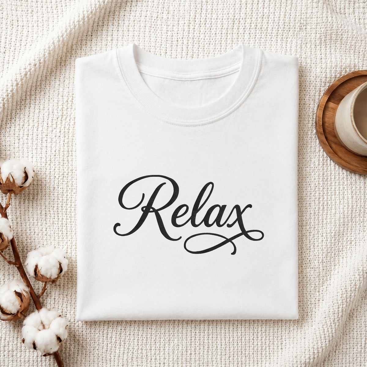 Folded white cotton t-shirt mockup featuring a "Relax" script machine embroidery design, styled with cotton stems and a wooden cup