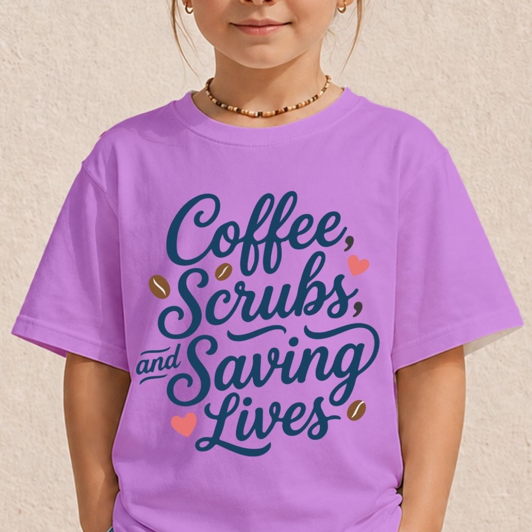 A child wearing a lavender purple t-shirt with the text 'Coffee, Scrubs, and Saving Lives' in dark blue script, decorated with small coffee beans and pink hearts, against a textured beige wall.