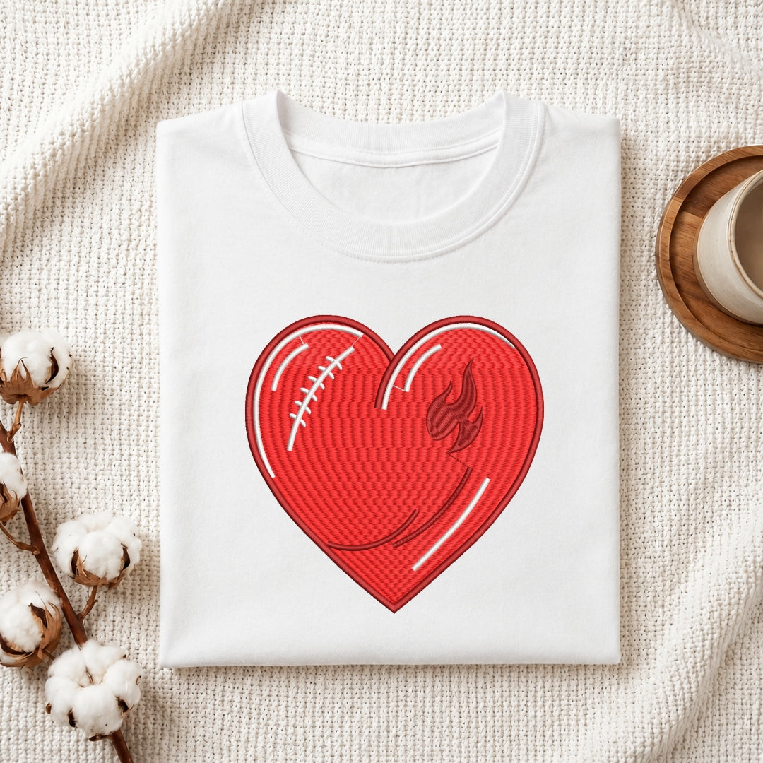 Football Heart Embroidered T-Shirt Flat Lay, Game Day Custom Shirt Design, Machine Embroidery Apparel Mockup, Sports Fan Clothing File