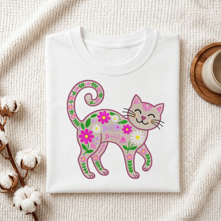 A folded white crewneck t-shirt displayed on a textured cream fabric background, featuring a colorful graphic of a smiling cat decorated with pink, purple, and green flowers and leaves.