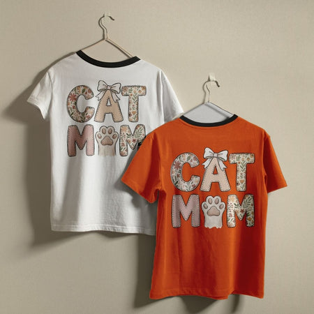 Retro Ringer T-Shirts Mockup, White and Orange Floral Cat Mom Shirts, Coquette Bow Cat Lover Tees, Matching Best Friend Graphic Tops