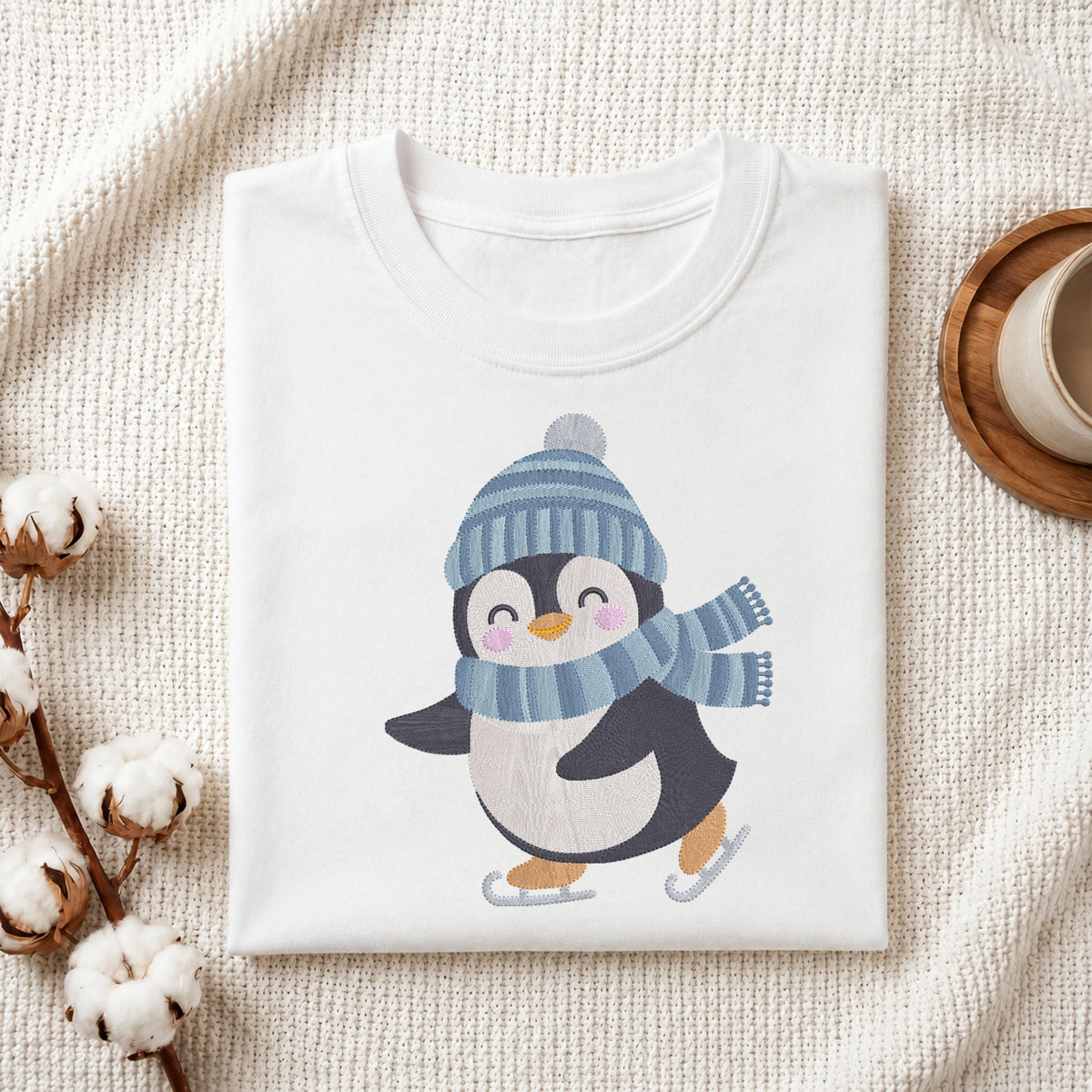 A folded white crewneck t-shirt featuring a cute cartoon penguin wearing a blue striped knit hat and matching scarf, skating on ice. The shirt is styled in a cozy flat-lay setting on a textured cream fabric, with cotton bolls and a wooden cup in the background.