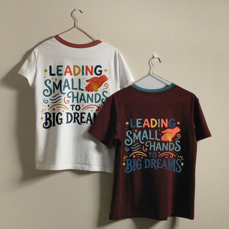 Retro Teacher Ringer Tees Mockup, White and Maroon Leading Small Hands Shirts, Inspirational Daycare Educator Squad Tops, School Staff Apparel