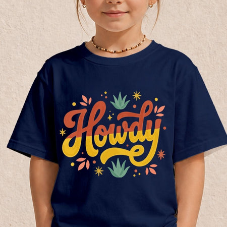A young child wearing a deep navy blue t-shirt displaying a colorful, vintage style "Howdy" script graphic on the front.
