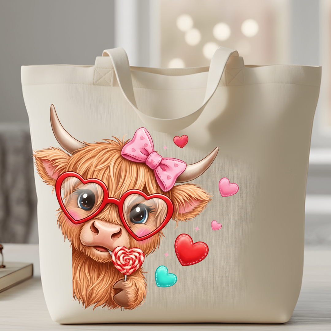 Beige tote bag with a cartoon cow wearing heart-shaped glasses and a pink bow, surrounded by colorful hearts.