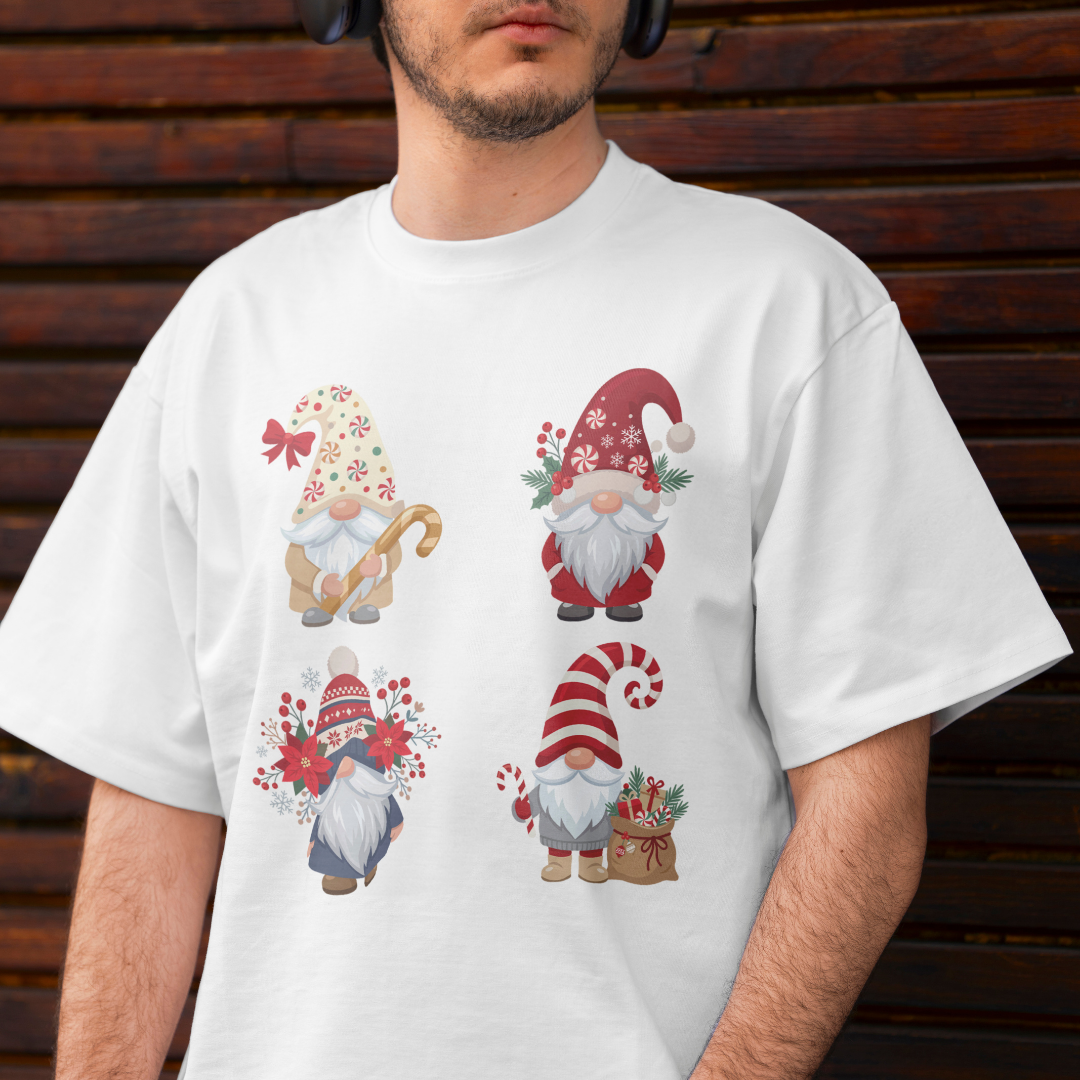 Back view of a person wearing a white t-shirt featuring a large Christmas gnomes holiday sublimation design.