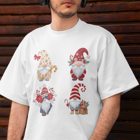 Back view of a person wearing a white t-shirt featuring a large Christmas gnomes holiday sublimation design.