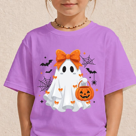 Child wearing a purple t-shirt featuring a vibrant cute Halloween ghost sublimation print.