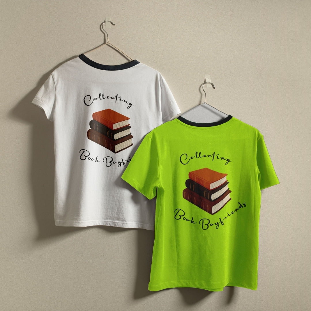 Book Graphic Ringer Shirts on Hangers in White and Lime Green