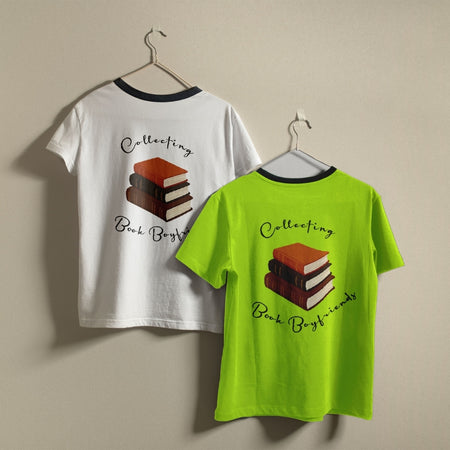 Book Graphic Ringer Shirts on Hangers in White and Lime Green