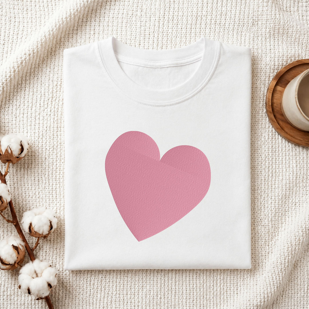Folded white cotton t-shirt mockup featuring a minimalist heart machine embroidery design, styled with cotton stems and a wooden cup   