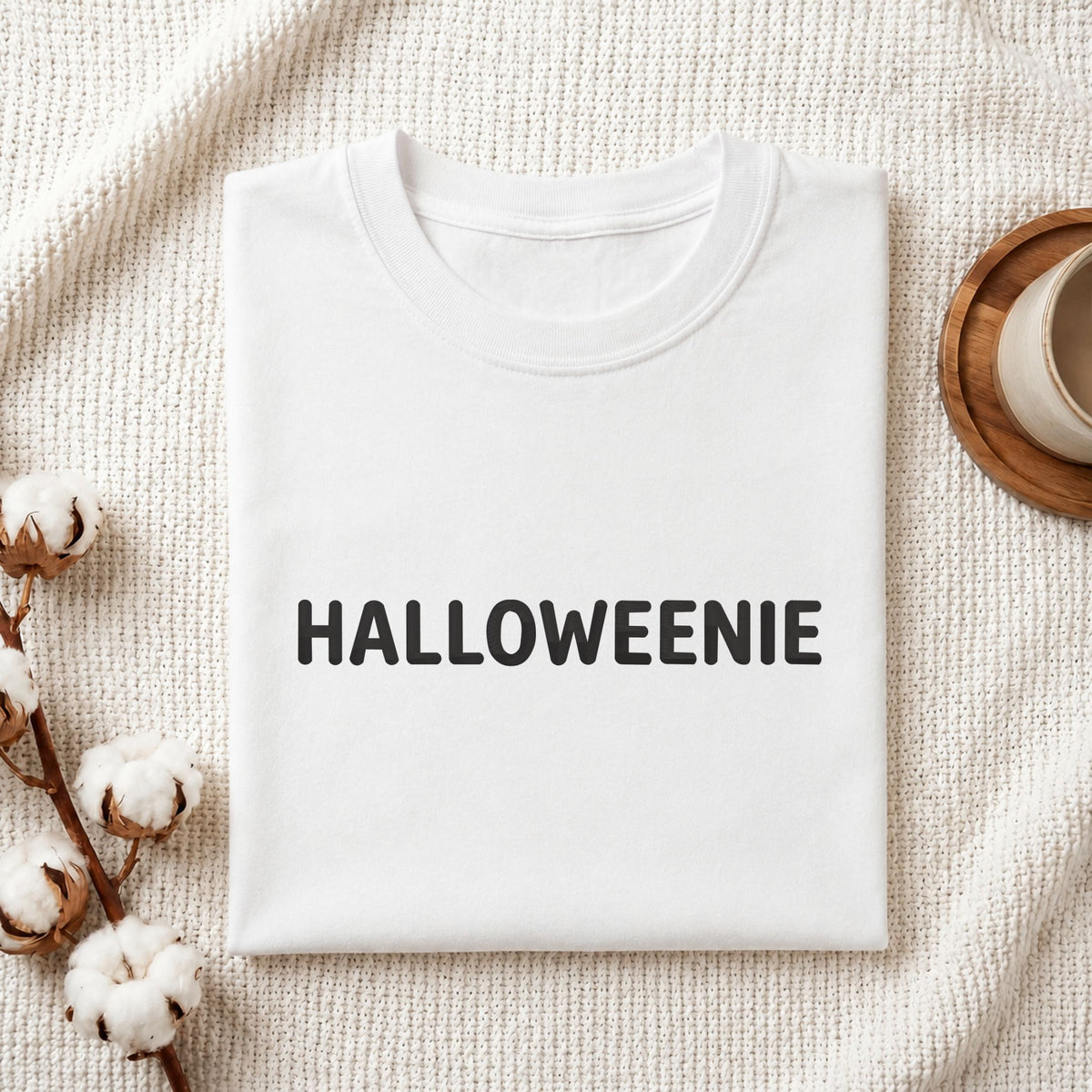 Folded white cotton t-shirt mockup featuring a "HALLOWEENIE" machine embroidery design, styled with cotton stems and a wooden cup