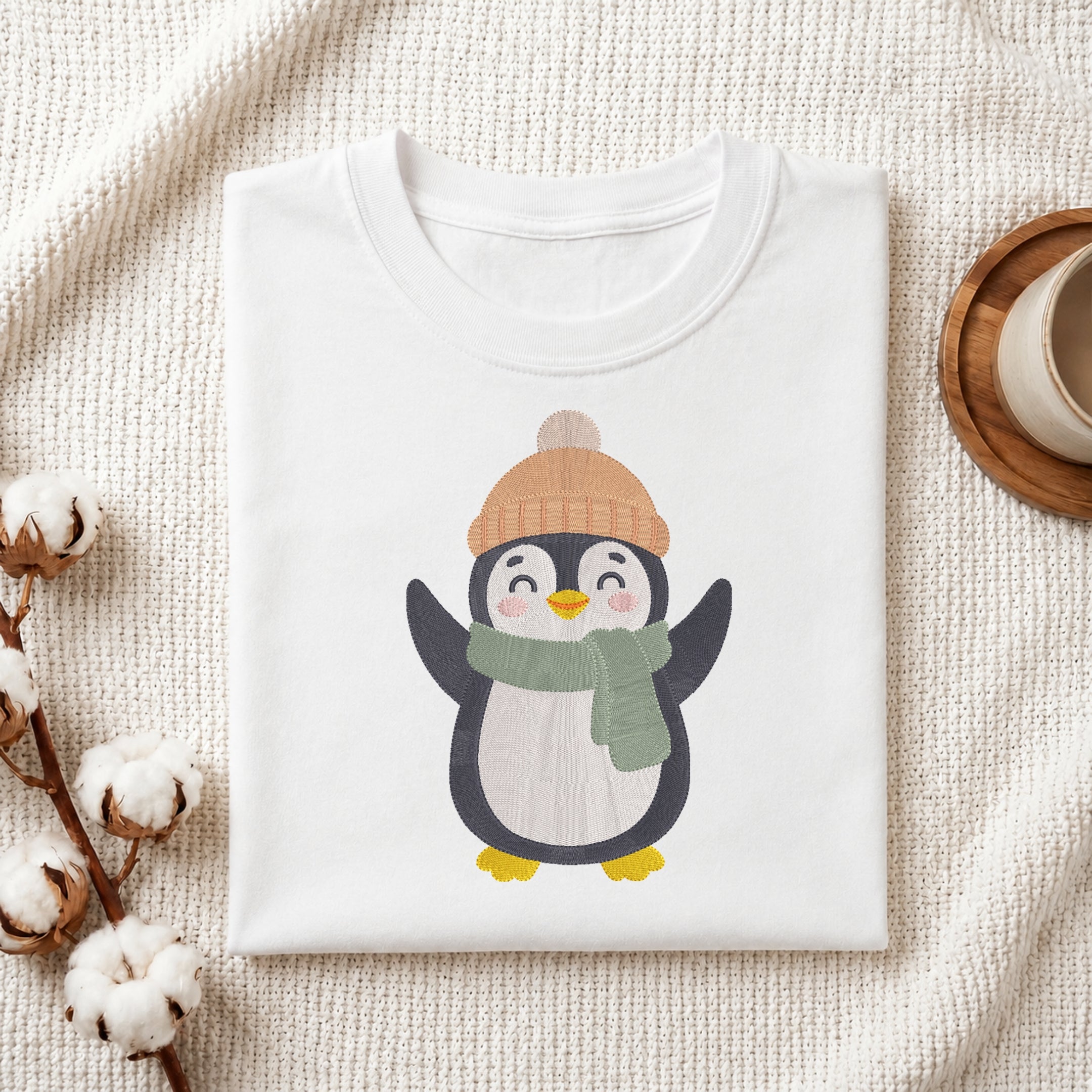 A folded white crewneck t-shirt featuring a cute cartoon penguin wearing a tan knit hat and a green scarf, styled on a textured cream fabric with cotton bolls and a wooden cup.