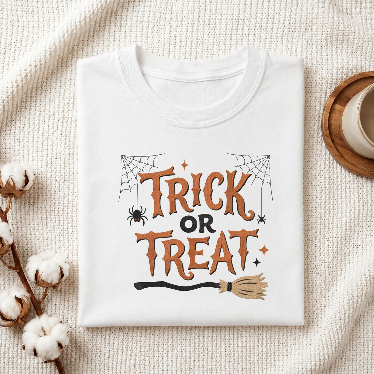 Folded white cotton t-shirt mockup featuring a "Trick or Treat" witch broom machine embroidery design, styled with cotton stems and a wooden cup