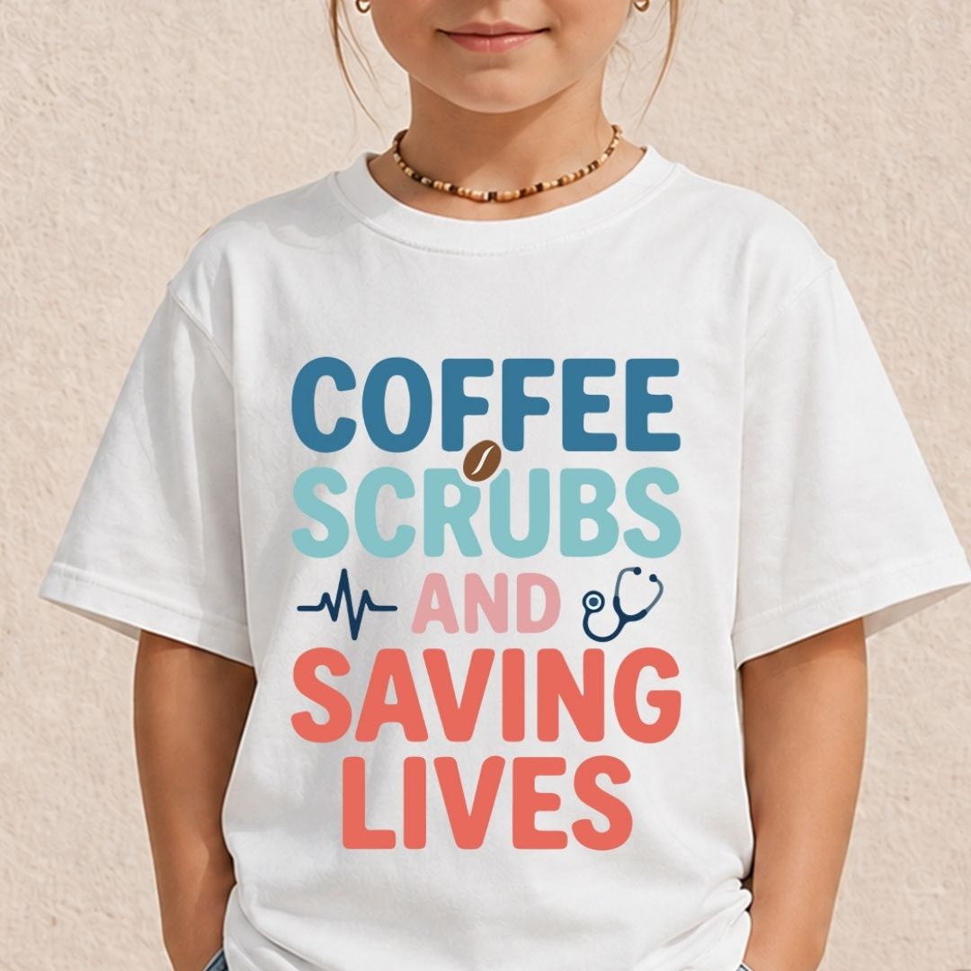 A child wearing a white graphic T-shirt with the text 'COFFEE SCRUBS AND SAVING LIVES' in blue, light blue, and coral colors, photographed against a light beige textured wall.