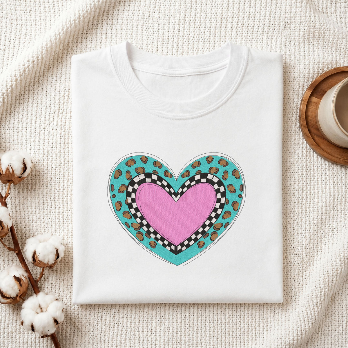 Folded white cotton t-shirt mockup featuring a layered leopard heart machine embroidery design, styled with cotton stems and a wooden cup