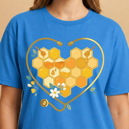 Blue t-shirt with a heart-shaped honeycomb design on a beige background