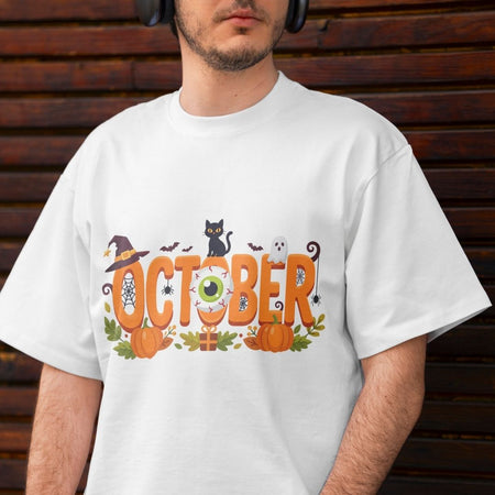 Person wearing a white t-shirt with a spooky "October" typography design printed on the front.