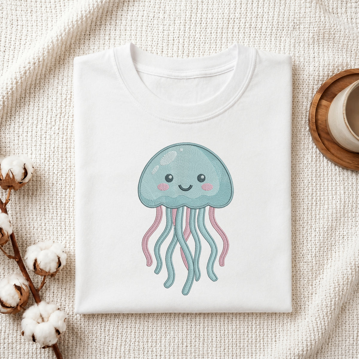 A folded white crewneck t-shirt featuring a cute, smiling jellyfish graphic in light blue and pink, styled on a textured cream fabric with cotton bolls and a wooden cup.