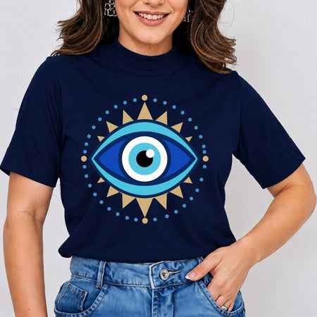 Navy blue t-shirt mockup worn by a model showcasing a blue and gold celestial evil eye design.